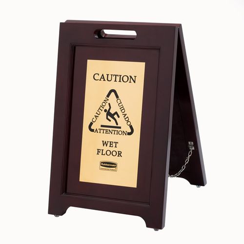 Señal de “Precaución” multilingüe de madera Executive Series™, doble cara, 56 cm, color dorado